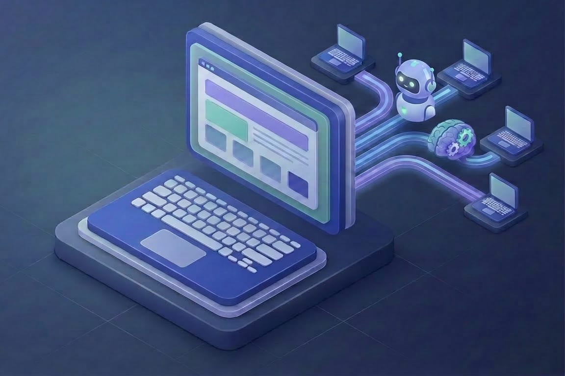 Isometric illustration of a laptop displaying a website mockup, with glowing lines connecting it to a robot, a brain, and several other laptops, representing AI coding agents collaborating on site development
